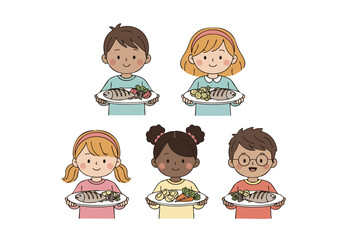 Hand Drawn Style Diverse Children Holding Healthy Food Plate Illustration