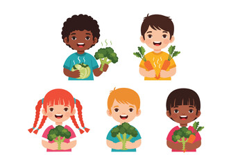 Cheerful Cartoon Diverse Children Holding Fresh Vegetable Healthy Food Illustration