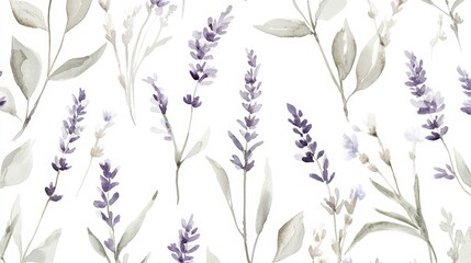 Elegant Lavender and Leaf Watercolor Pattern on a White Background Backdrop