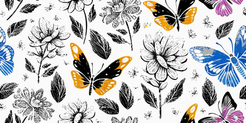 Floral Butterfly Seamless Pattern: Black, White, & Color
