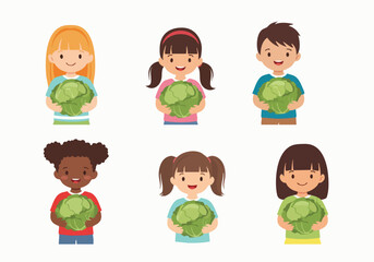 Flat Illustration Cheerful Children Holding Cabbage Vegetable Food Characters