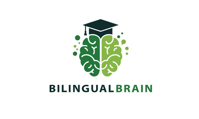 "Bilingual Brain Logo with Graduation Cap and Green Abstract Brain - Education & Learning"