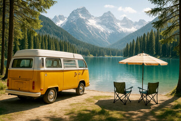 Yellow camper van parked by turquoise lake with snow capped mountains and pine forest