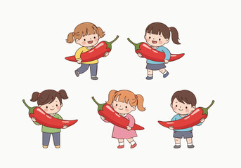 Cute Handdrawn Group of Kids Holding Red Chili Pepper Illustration