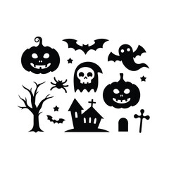 Obraz premium Vector haunted house black and white illustration set. halloween silhouette elements of spooky cottage, big moon, ghost, bats, trees. scary samhain party invitation or card design. Premium Vector 