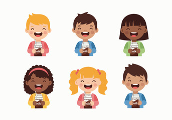 Colorful Flat Illustration Smiling Children Holding Chocolate Drink Cartoon