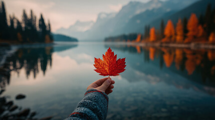 Hand holding a red maple leaf against a scenic lake with autumn forest and mountains in the background. Symbolic Canada Day theme. Nature beauty.