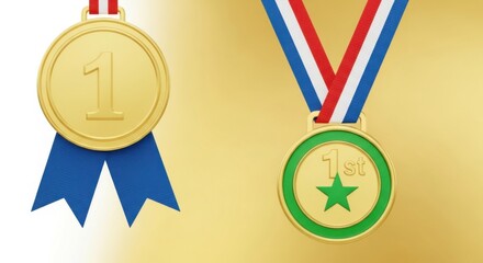 Two gold medals one with a blue ribbon and another with a red white and blue ribbon for first place