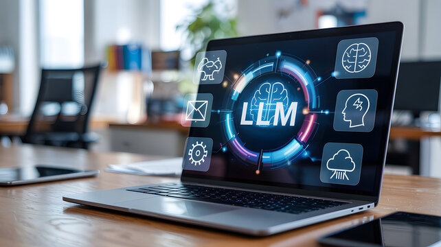 Laptop showcasing LLM technology, representing digital transformation and artificial intelligence in a modern office environment