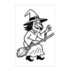 Obraz premium Halloween Witch Outline Drawing Black And White