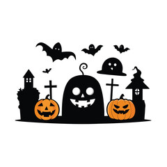 Vector haunted house black and white illustration set. halloween silhouette elements of spooky cottage, big moon, ghost, bats, trees. scary samhain party invitation or card design. Premium Vector
