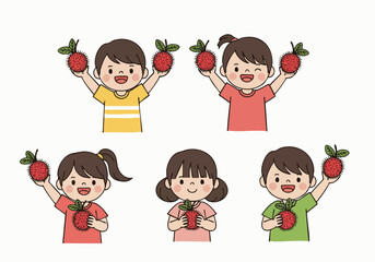 Cute Handdrawn Happy Kid Holding Lychee Fruit Illustration Graphic Asset