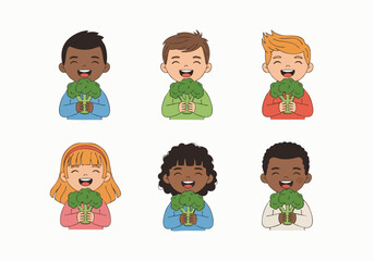 Flat Cartoon Cheerful Kid Holding Broccoli Healthy Food Illustration Set