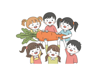 Cartoon Illustration of Happy Children Holding a Large Carrot Together