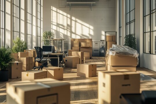 Office relocation with cardboard boxes scattered on wooden floor, workspace being packed up, and natural light shining in through large windows.