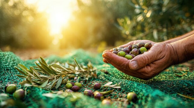 The joyful hands holding freshly harvested olives in a sunlit grove.