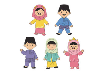 Cute Cartoon Style Kids Wearing Traditional Muslim Clothes Illustration Set