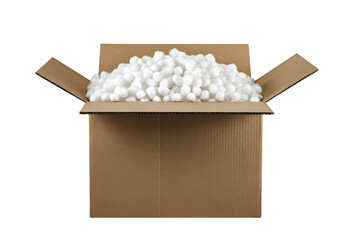 Cardboard box full of white packing peanuts.