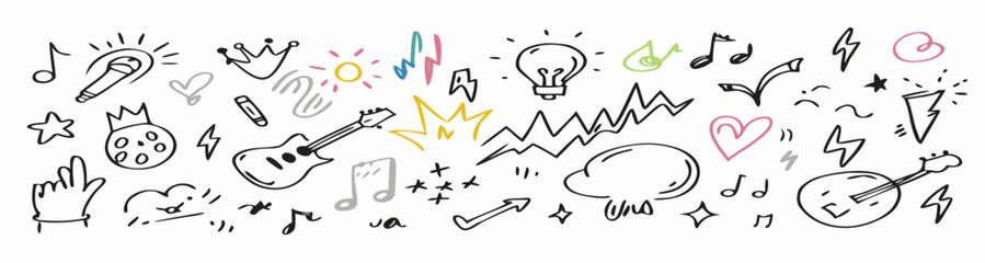Hand-drawn doodles: music notes, guitar, crown, lightbulb, and more