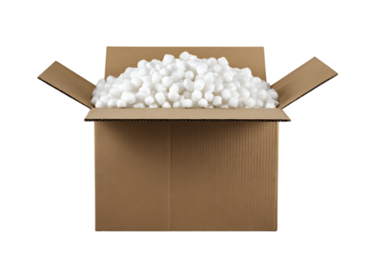 Cardboard box full of white packing peanuts.