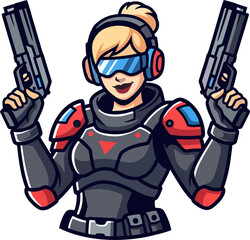Smiling Futuristic Female Warrior with Dual Pistols – Esports Mascot Vector Illustration