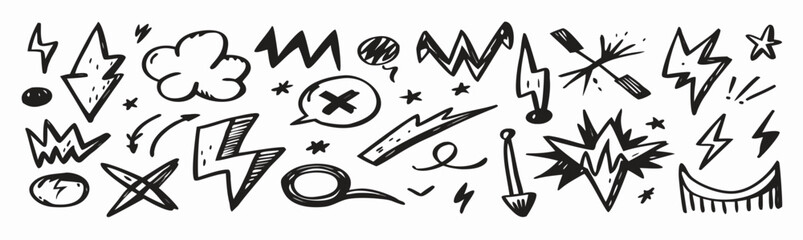 Hand-drawn Doodle Set: Lightning Bolts, Speech Bubbles, and More