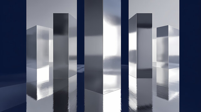 cover design for design theory journal | modular solitude | spatial calm | chrome and navy | vertical gradient framing | segmented columns | hollow core structuring | reflective interference |