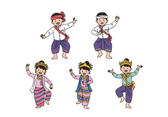 Cute Cartoon Illustration Dancing Traditional Asian Children Group Character