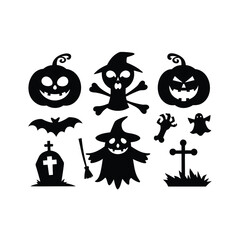 Vector haunted house black and white illustration set. halloween silhouette elements of spooky cottage, big moon, ghost, bats, trees. scary samhain party invitation or card design. Premium Vector
