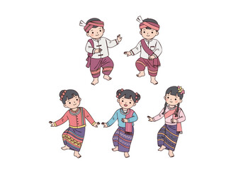 Cartoon Illustration of Little Children Performing Traditional Burmese Dancing Art