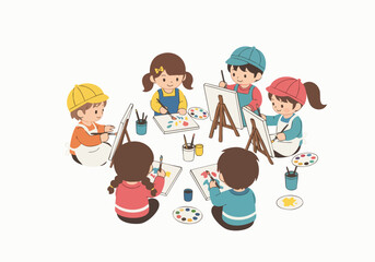 Colorful Flat Illustration of Kids Painting Together in Art Class