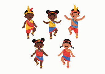 Cheerful Cartoon Diverse Group of Children Dancing in Carnival Costume Illustration