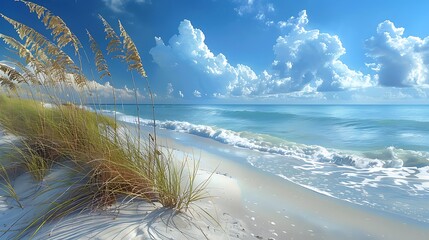 A scenic view of a sandy beach with sea oats, waves, and a bright blue sky with clouds