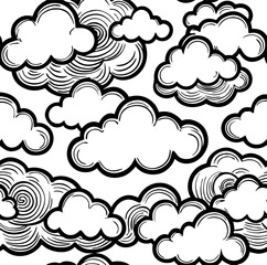 Black and White Hand Drawn Cloud Seamless Pattern