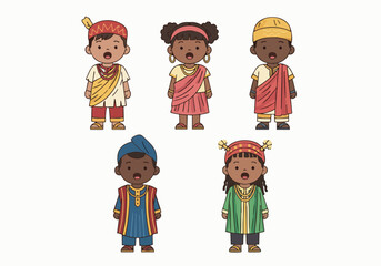 Cartoonish Flat Design Diverse Ethnic Group Children in Traditional Costume Illustration