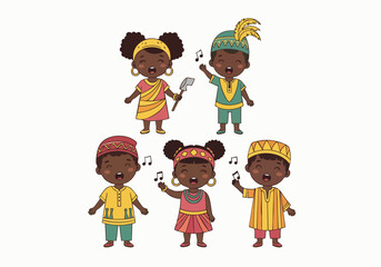 Whimsical Handdrawn African Children Singing Traditional Song Character Illustration