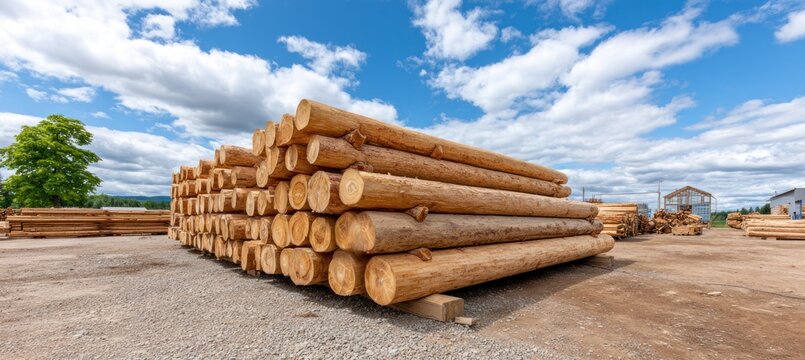 Log yard storing cut timber for lumber processing under cloudy sky