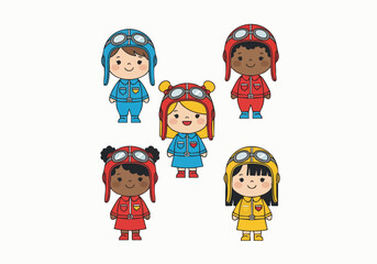 Cute Cartoon Diverse Children Pilots Illustration with Airplane Goggles and Uniforms