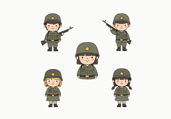 Cute Style Illustration of Little Soldiers with Rifles Characters