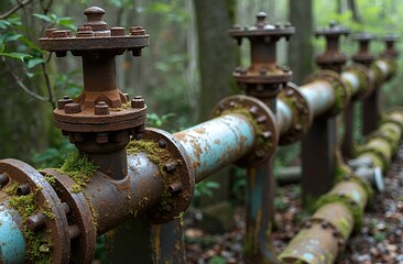 old water pipe, Abandoned outdoor pipe network with rusted elbows and bolts, overgrown with moss and signs of weather exposure