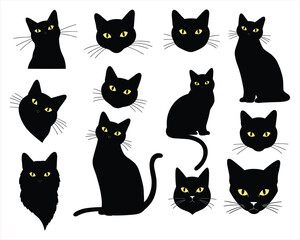 Set of black cat silhouettes in various poses., This graphic features a collection of black cat silhouettes in different poses, from headshots to full body views.