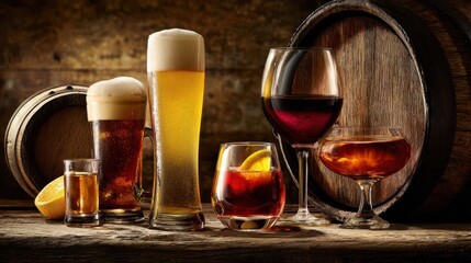 The vibrant assortment of alcoholic beverages on a rustic wooden table.