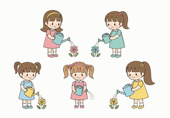 Cartoon Cute Little Girl Watering Flowers Illustration Character Clipart