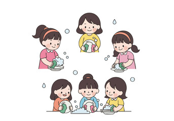 Cute Cartoon Illustration of Young Girls Washing Dishes Circular Arrangement