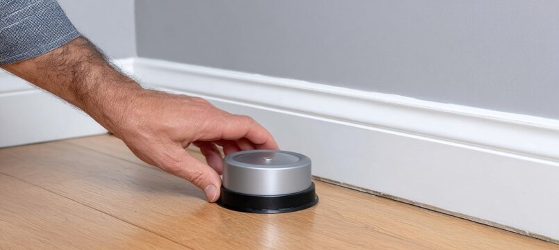 Technician installing wireless smart home leak detector on hardwood floor
