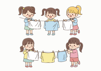Cute Style Little Girls Hanging Clothes on a Clothesline Illustration