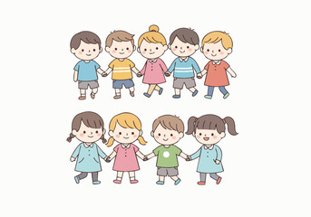 Cute Cartoon Group of Children Holding Hands Friendship Illustration