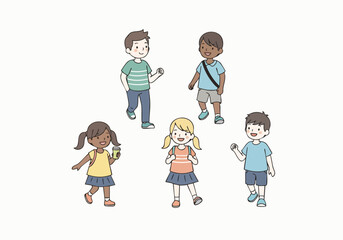 Gentle Handdrawn Group of Diverse Children Walking and Playing Together Illustration