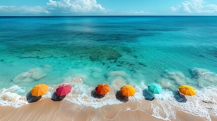 Aerial view of colorful umbrellas on a sandy beach with turquoise ocean water background