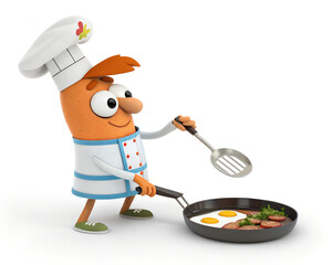 Cartoon chef character cooking eggs and sausage in a frying pan